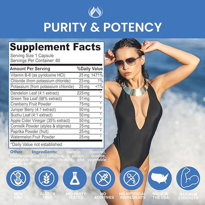 THE ENCLARE NUTRITION|Water Pills Diuretic for Water Retention, Detox, Liver, Kidney, Weight, Swelling/Bloating Relief. Green Tea, Cranberry, Apple Cider Vinegar, Dandelion, Vitamin B6, Chloride (3)