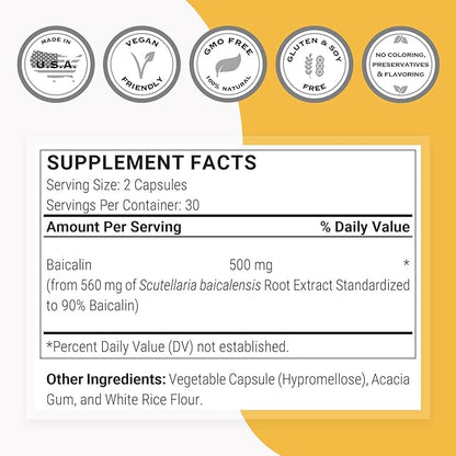 SuperSmart - 90% Baicalin 500mg per Day (Scutellaria Baicalensis) - Chinese Skullcap Extract Supplement | Non-GMO & Gluten Free - 60 Vegetarian Capsules