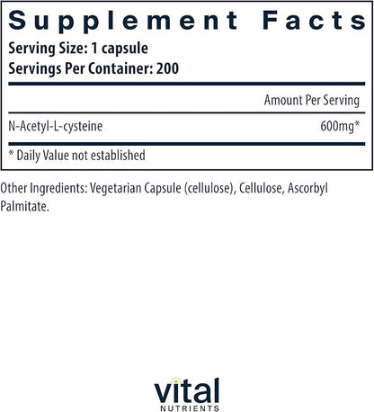 Vital Nutrients NAC 600mg | N-Acetyl Cysteine | Vegan NAC Supplement | Antioxidant for Sinus, Liver, Immune, and Respiratory Health* | Gluten, Dairy, Soy Free | 200 Capsules