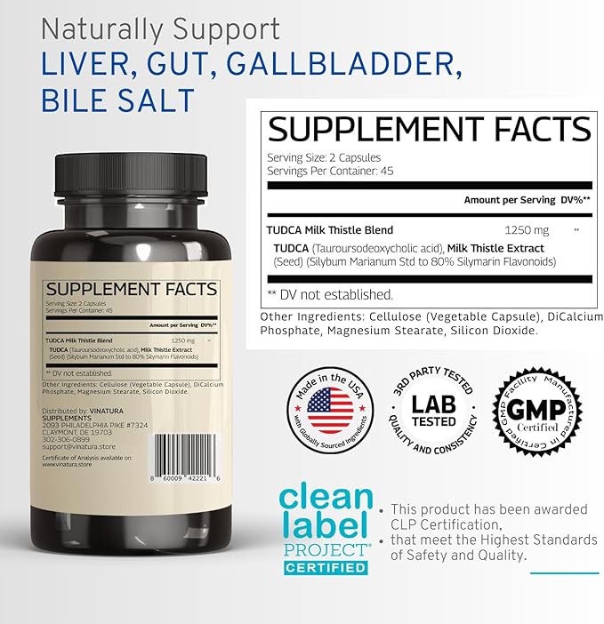 TUDCA Milk Thistle 1250mg - Tudca Supplement, Tudca Bile Salts, Liver Support, Gallbladder Supplements *USA Made and Tested* Bile Salts Supplement - 90 Capsules