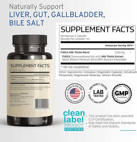 TUDCA Milk Thistle 1250mg - Tudca Supplement, Tudca Bile Salts, Liver Support, Gallbladder Supplements *USA Made and Tested* Bile Salts Supplement - 90 Capsules