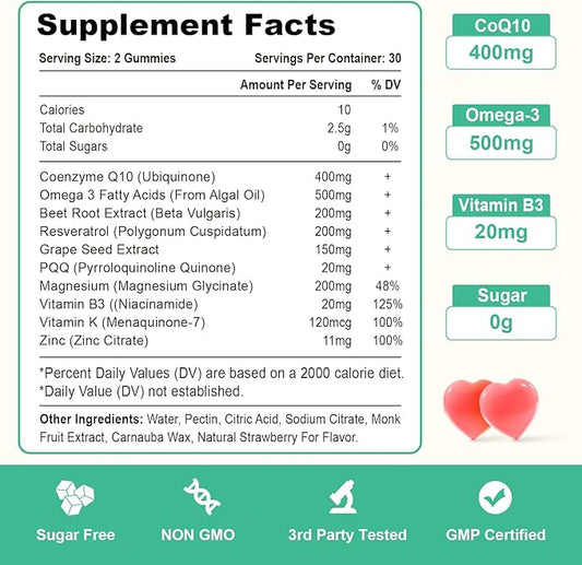 400MG CoQ10 Gummies with Omega-3, Vitamin B3 & Magnesium, Helps Support Hear-t Health, Cellular Energy & Antioxidant, Vegan, Gluten Free, 2 Months Supply