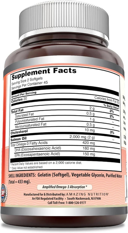 Amazing Omega Wild Alaskan Salmon Oil 2000mg Per Serving Softgels Supplement (90)