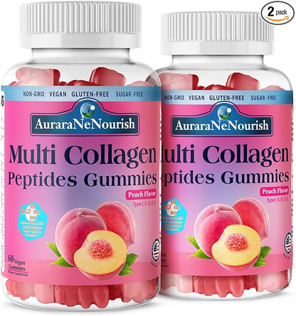 2 Pack Multi Collagen Peptides Gummies, Sugar Free Hydrolyzed 5000mg Protein丨Type I,II,III,V,X with Biotin Hyaluronic Acid Vitamin C A D B6 B12 L-Glutathione for Skin Hair Nail & Joint -Peach