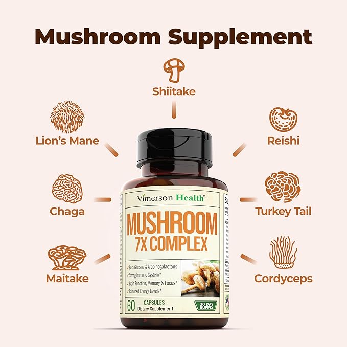 7-in-1 Mushroom Powder Supplement - Organic Lions Mane Powder, Reishi Mushroom, Cordyceps, Chaga. Mushroom Complex Capsules for Memory, Focus, Immune Support & Energy. 60 Turkey Tail Mushroom Capsules