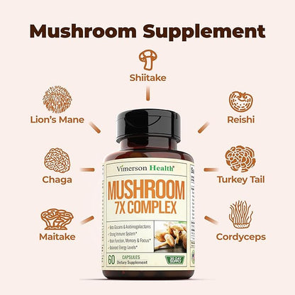 7-in-1 Mushroom Powder Supplement - Organic Lions Mane Powder, Reishi Mushroom, Cordyceps, Chaga. Mushroom Complex Capsules for Memory, Focus, Immune Support & Energy. 60 Turkey Tail Mushroom Capsules