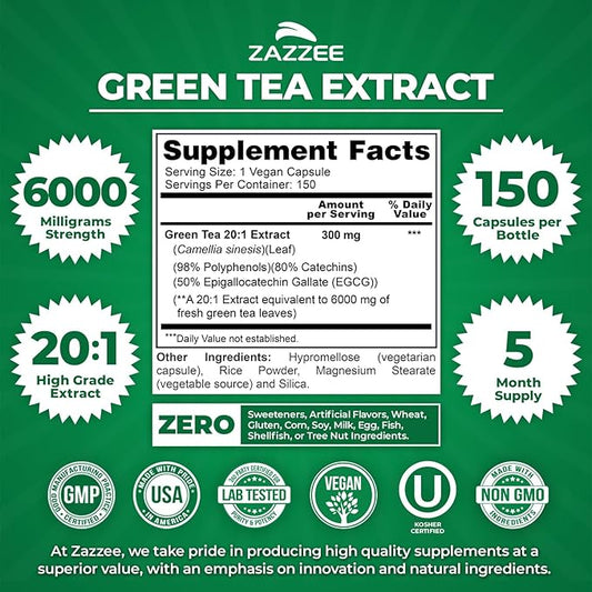 Zazzee Extra Strength Green Tea 20:1 Extract, 6000 mg Strength, 50% EGCG, 98% Polyphenols and 80% Catcehins, 150 Vegan Capsules, 5 Month Supply, Standardized and Concentrated 20X Potency, Non-GMO