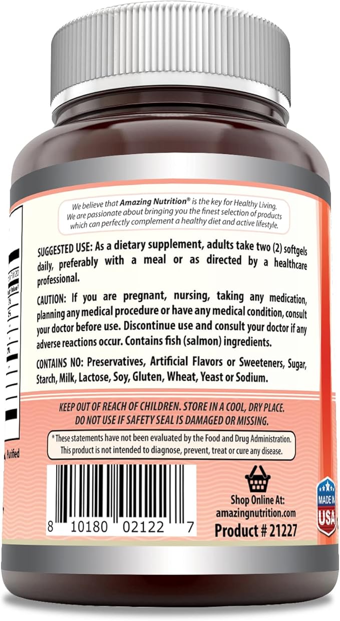 Amazing Omega Wild Alaskan Salmon Oil Supplement | 2000 Mg per Serving | 180 Softgels | Non-GMO | Gluten-Free | Made in USA