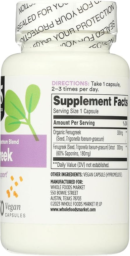 365 by Whole Foods Market, Fenugreek Standardized + Full Spectrum Blend, Lactation Support, Vegan Capsules, 60 Count
