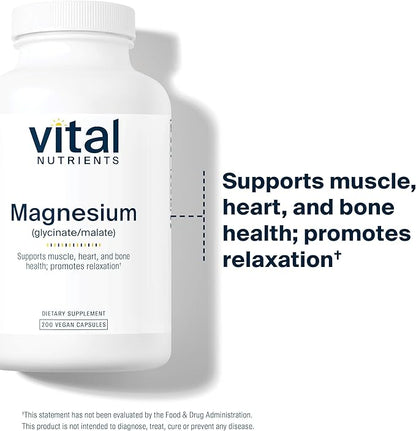 Vital Nutrients Magnesium Glycinate + Malate | 120mg Vegan Magnesium Supplement for Women and Men | Muscle, Heart, Bone Support* | Promotes Relaxation | Gluten, Dairy and Soy Free | 200 Capsules