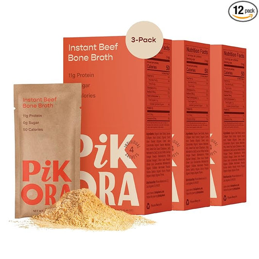Pikora Beef Bone Broth Instant Powdered Mix (3 Pack, 12 Servings) | High-Protein, Gluten-Free, Collagen-Rich, No Sugar, Keto & Paleo Friendly | 11g Protein, 50 Calories per Serving