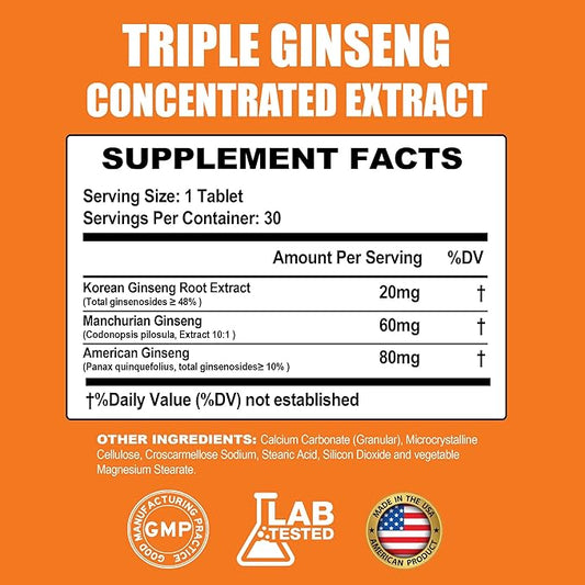 Triple Ginseng Complex, Ultra Potency 15% Ginsenosides from 3 Panax Ginseng Extract for Energy, Memory, Vitality & Immune Support, Healthy Aging for Elderly, 30 Tablets