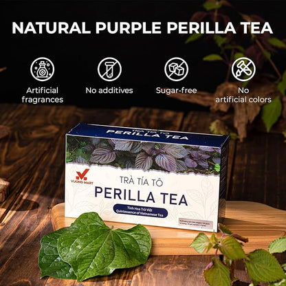 VUONGMART Dried Purple Perilla Tea, Stevia, Lolot, 100% Hand Pick, Organic Herbal Tea, 30 Tea Bags, Gluten Free, Dairy Free, Sugar Free & Natural, Energy Boost & Health Support