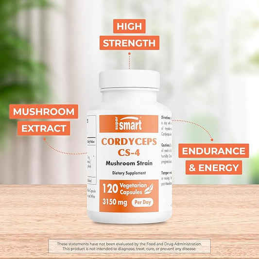Supersmart - Cordyceps Cs-4 3150mg per Day (Hight Strength) - Cordyceps Mushroom Supplement - Endurance & Energy | Non-GMO & Gluten Free - 120 Vegetarian Capsules