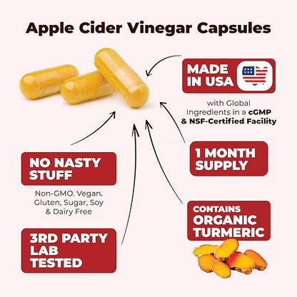 Turmeric Supplement and Organic Apple Cider Vinegar Capsules with Ginger for Joint Health, Metabolic & Digestive Support. Premium Turmeric Apple Cider Vinegar Supplements. Non-GMO. Vegan. 60 ACV Caps