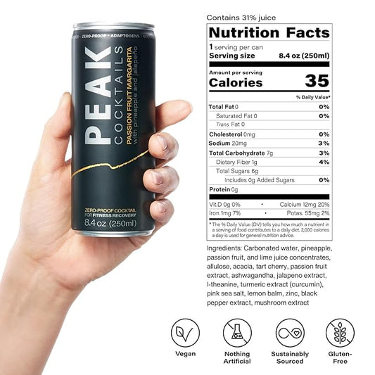 Peak Cocktails Non-Alcoholic Cocktail | Mixologist-made | Adaptogens, Nootropics, Superfoods for Recovery, Calm, Sleep | Ashwagandha, Tart Cherry, L-Theanine | Passion Fruit Margarita | 8.4oz, 12-Pack