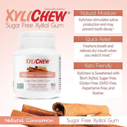 Xylichew 100% Xylitol Chewing Gum Jars - Non GMO, Gluten, Aspartame, and Sugar Free Gum - Natural Oral Care, Relieves Bad Breath and Dry Mouth - Cinnamon, 60 Count (Pack of 4)