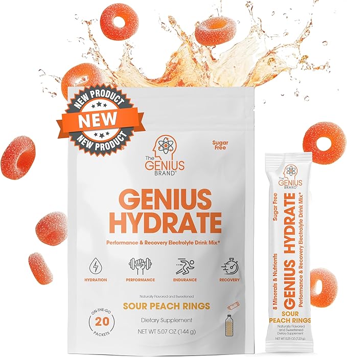 The Genius Brand Genius Hydrate - Electrolyte Supplement for Daily Hydration - Coconut Water - Sugar-Free - 8 Essential Minerals & Nutrients - Non-GMO - Sour Peach Rings - 20 Servings