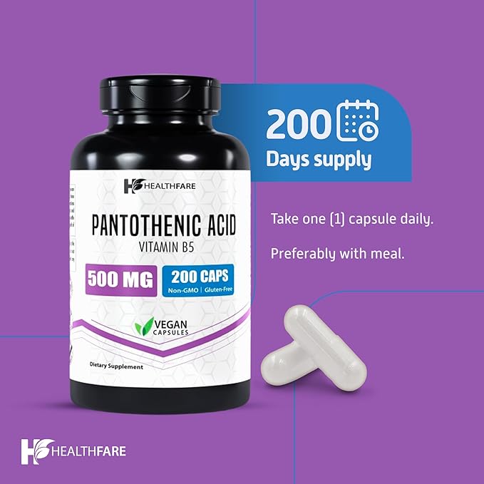 Pantothenic Acid 500mg | 200 Veg Capsules | Supports Energy Levels | Skin & Hair Health | Non-GMO | Made in The USA