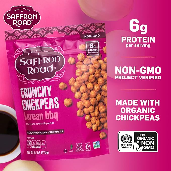 Saffron Road Roasted and Crunchy Korean BBQ Chickpeas | High Protein Snacks | Gluten-free, Vegan, Non-GMO, and Certified Halal and Kosher | 5.4oz Pouch | Pack of 6