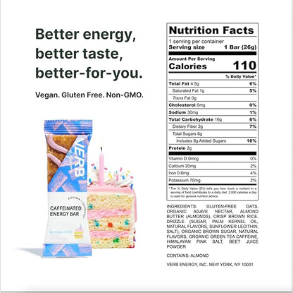 Verb Caffeinated Energy Bars Birthday Cake (26g, Pack of 16) 110-Calorie Delicious Low Sugar Energy Bar - Vegan Gluten Free On-the Go Snack with 80mg Green Tea Caffeine, Only Real-Food Ingredients