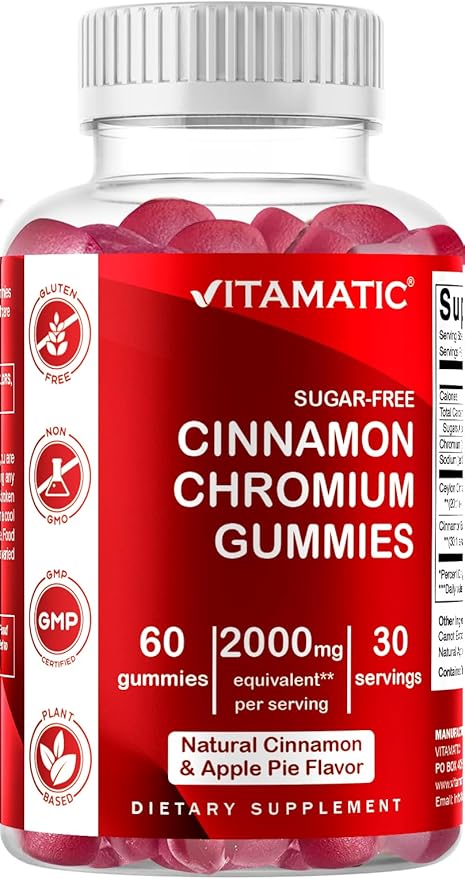 Vitamatic Sugar-Free Chromium Gummies with Ceylon Cinnamon – 2000 mg Equivalent Per Serving (from Extract 83 mg) – Non-GMO, Gluten-Free – 60 Vegan Gummies