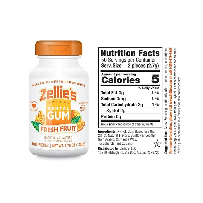 Zellie's | 100% Xylitol Fresh Fruit Chewing Gum | No Aspartame, Gluten Free, Vegan & Kosher (100 Count - Pack of 1)