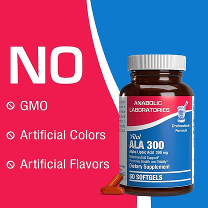 Alpha Lipoic Acid 300mg - Clinical Formula ALA Supplement for Liver Eye Brain Mitochondria Energy Antioxidant & Nerve Support - Non-GMO Soy Free & Easy to Swallow Softgels - 60 Servings