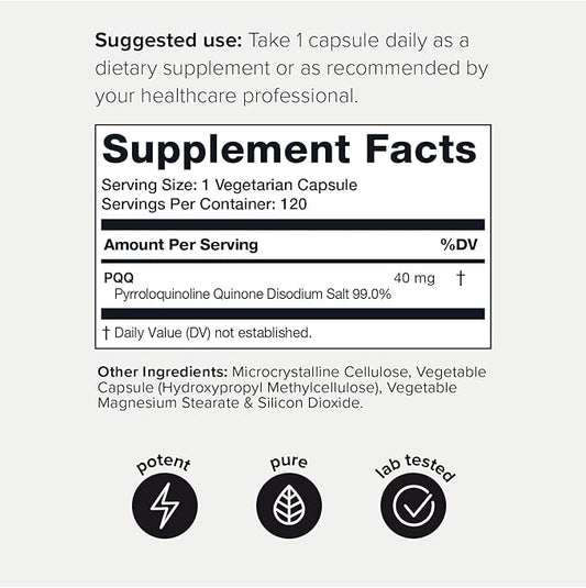 Toniiq 99%+ 40mg Supplement - Ultra High Purity PQQ 40mg Concentrated Formula - PQQ 40 mg 120 Capsules - Pyrroloquinoline Quinone Supplement - 1 Capsule Serving - Vegetarian Capsules