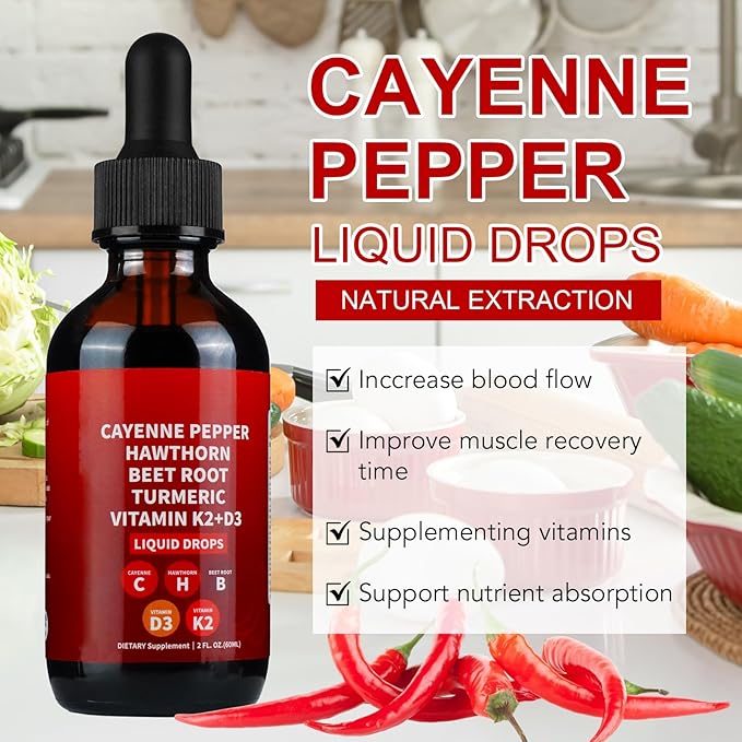 2PCS Cayenne Pepper Drops, AeluroCayenne Pepper Liquid Drops - Natural Cayenne Pepper Extract with Hawthorn Berry, Beetroot, Turmeric and Vitamin D3 K2-60ml
