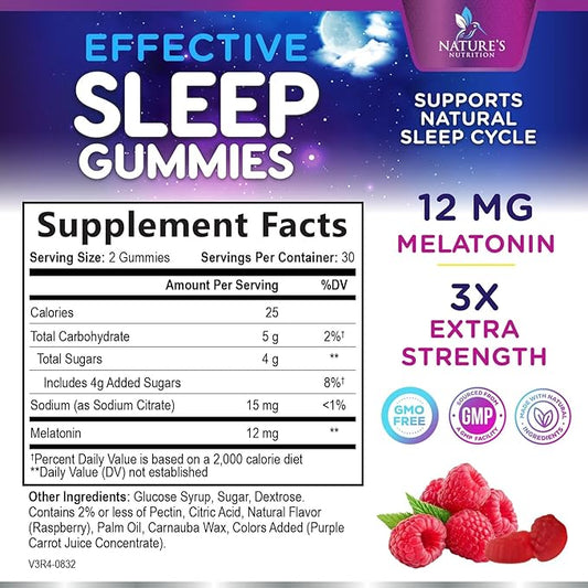 Sleep Gummies with Melatonin - Extra Strength Sleep Gummy, 12 mg Melatonin, Natural Melatonin Gummy, Occasional Sleep Support Supplement for Adults, Vegan, Non-GMO, Gomitas para Dormir - 60 Gummies