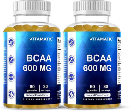 Vitamatic BCAA Gummies - Branch Chain Amino Acid Supplements - Peach Flavor - 600mg per Serving - 60 Vegan Pectin Based Gummies (2 Bottles)