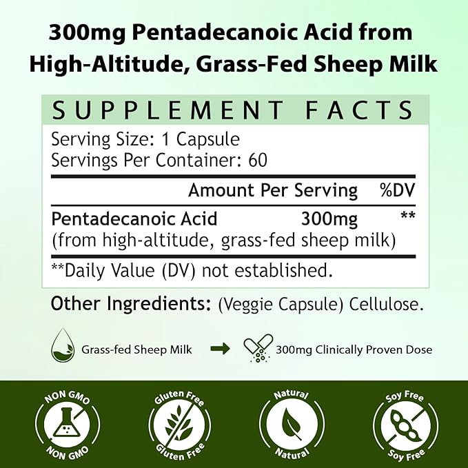 Pentadecanoic Acid | 300mg High-Altitude Sheep Milk Sourced | 60 Capsules