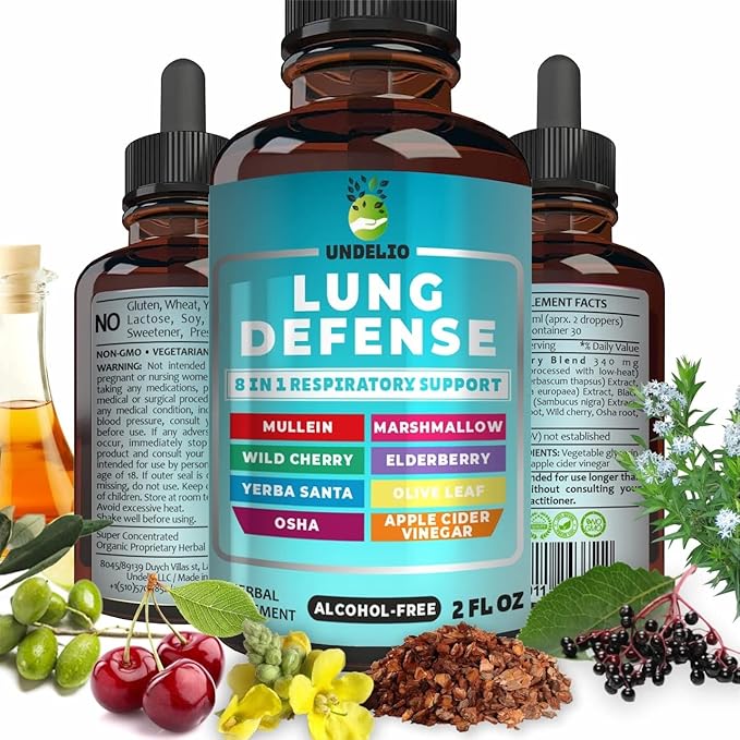 8 in 1 Lung Defense Herbal Extract, Blend (Mullein-Marshmallow-OSHA-Wild Cherry-Elderberry-Yerba Santa-Olive Leaf-ACV) Lung Cleanse, Respiratory & Immune System Support. Liquid Supplement 2 OZ