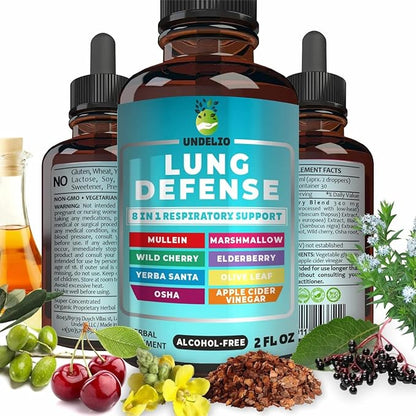 8 in 1 Lung Defense Herbal Extract, Blend (Mullein-Marshmallow-OSHA-Wild Cherry-Elderberry-Yerba Santa-Olive Leaf-ACV) Lung Cleanse, Respiratory & Immune System Support. Liquid Supplement 2 OZ