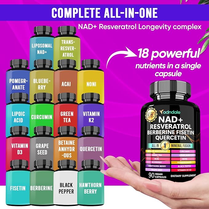 Adndale NAD Supplement, Longevity Formula with NAD, Trans Resveratrol, Quercetin, Betaine Anhydrous, Grape Seed, Fisetin, 180 Capsules