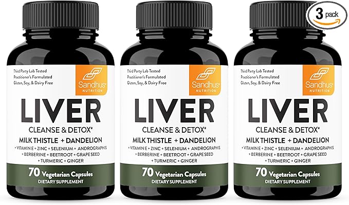 Sandhu's Liver Cleanse Detox & Repair Support | 70 Capsules (Pack of 3) | Herbal Supplement for Liver Health | Milk Thistle Dandelion Root Andrographis with 8 Minerals