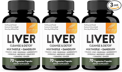 Sandhu's Liver Cleanse Detox & Repair Support | 70 Capsules (Pack of 3) | Herbal Supplement for Liver Health | Milk Thistle Dandelion Root Andrographis with 8 Minerals