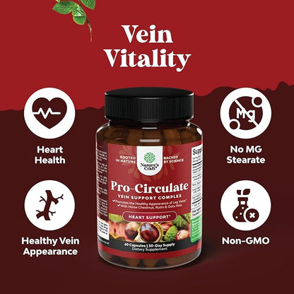 Vein Support Supplements Leg and Veins - Full Body Circulation Supplement for Spider & Varicose Veins and Improved Flow with Horse Chestnut Extract & Flavonoids - Vegan Non-GMO Mini Caps (1 Month)