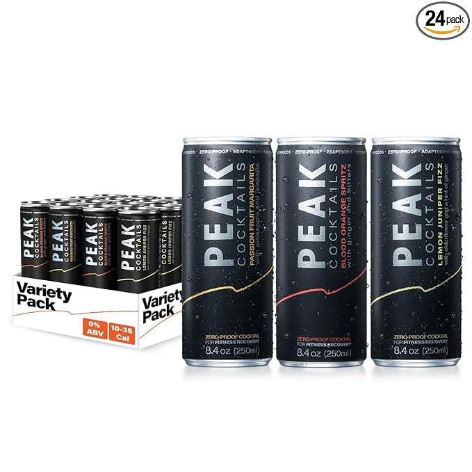 Peak Cocktails Non-Alcoholic Cocktail | Adaptogens, Nootropics, Superfoods for Recovery, Calm, Sleep | Ashwagandha, Tart Cherry, L-Theanine | Mixologist-crafted | 8.4 oz, 24-Pack Variety Pack