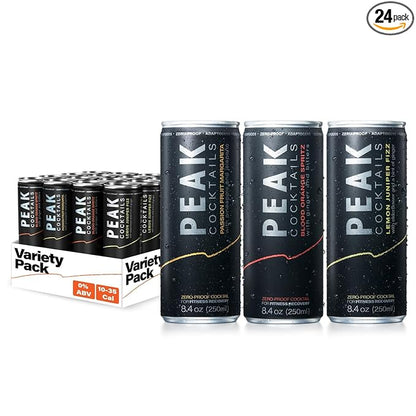 Peak Cocktails Non-Alcoholic Cocktail | Adaptogens, Nootropics, Superfoods for Recovery, Calm, Sleep | Ashwagandha, Tart Cherry, L-Theanine | Mixologist-crafted | 8.4 oz, 24-Pack Variety Pack