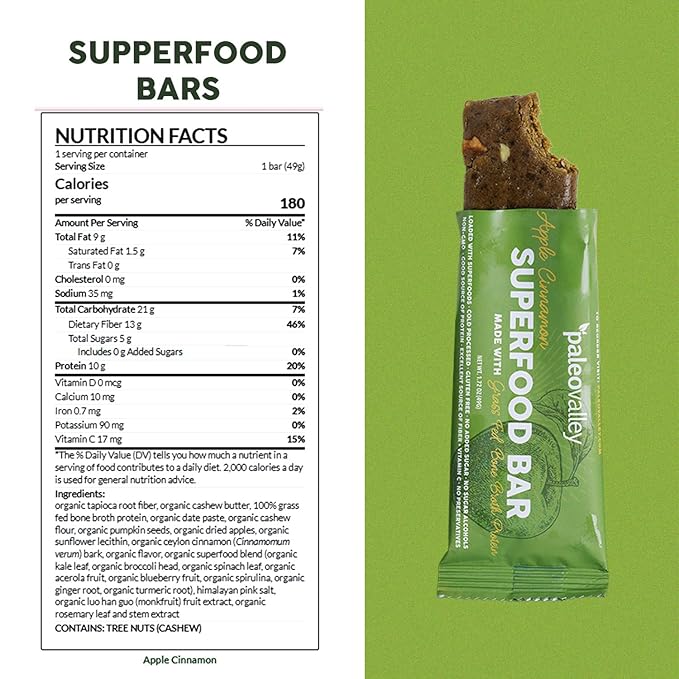 Paleovalley Superfood Bars – Apple Cinnamon– 10 Pack – 9g Protein per Bar – Gluten-Free, Grain-Free, Paleo, Non-GMO – On-the-Go Snack
