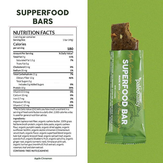 Paleovalley Superfood Bars – Apple Cinnamon– 10 Pack – 9g Protein per Bar – Gluten-Free, Grain-Free, Paleo, Non-GMO – On-the-Go Snack