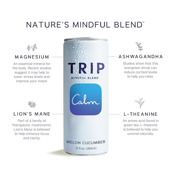 Trip Mindful Blend, Lightly Sparkling Adaptogen Seltzer, Mocktail w/ 120mg Magnesium Citrate with Ashwagandha, Lions Mane & L Theanine, No Added Sugar, Vegan, Melon Cucumber, 12 Oz, 12Pk