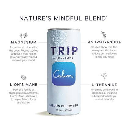 Trip Mindful Blend, Lightly Sparkling Adaptogen Seltzer, Mocktail w/ 120mg Magnesium Citrate with Ashwagandha, Lions Mane & L Theanine, No Added Sugar, Vegan, Melon Cucumber, 12 Oz, 12Pk