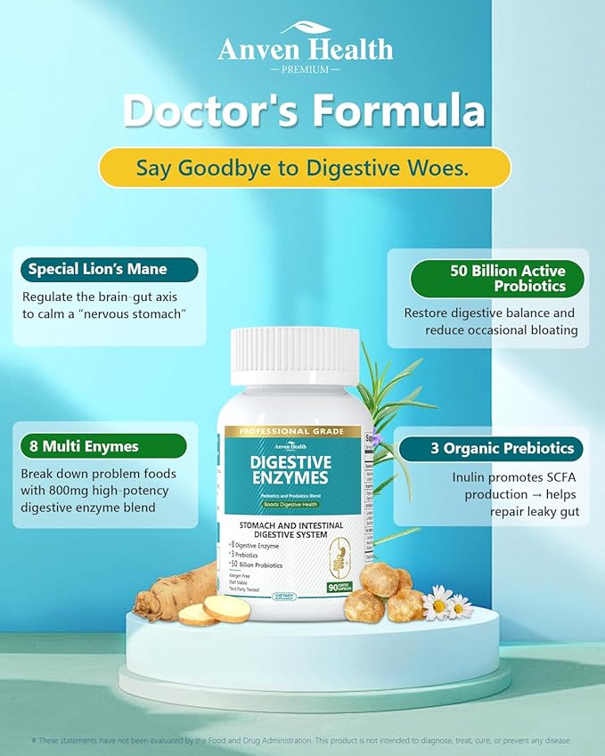 800mg Digestive Enzymes for Men and Women with Probiotics & Prebiotics, 8 Key Enzymes, Protease, Amylase & Lipase | 180 Capsules - A 60-Day Supply for Bloating & Gas Relief - Non-GMO