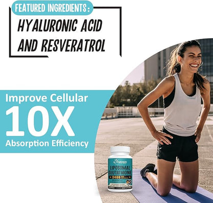 2400 MG Liposomal Glutathione Softgels, Max Absorption, Active Form L-Glutathione Reduced (GSH), with Hyaluronic Acid, Resveratrol, Master Antioxidants for Detox, Brain, Immune System, 360 Softgels