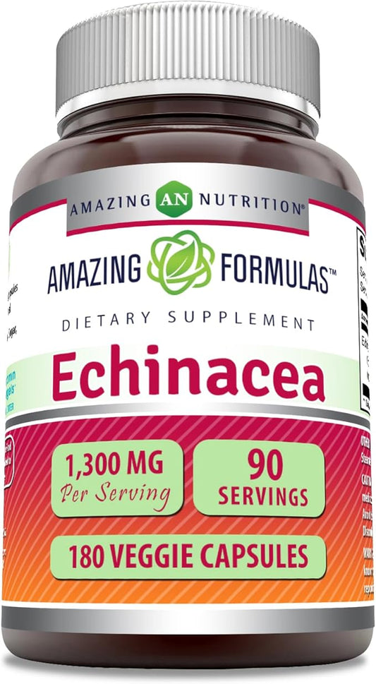 Amazing Formulas Echinacea Supplement| 1300 Mg Per Serving | 180 Veggie Capsules | Non-GMO | Gluten-Free | Made in USA