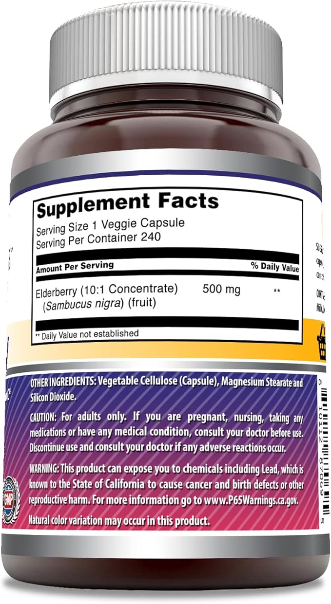 Amazing Formulas Elderberry (10:1 Concentrate) Supplement | 500 Mg per Serving | 240 Capsules | Non-GMO | Gluten-Free | Made in USA