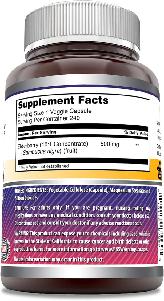 Amazing Formulas Elderberry (10:1 Concentrate) Supplement | 500 Mg per Serving | 240 Capsules | Non-GMO | Gluten-Free | Made in USA